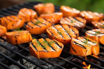 Wall Mural - grilled sweet potatoes on a charcoal grill