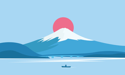 Fuji mountain sunrise landscape japan panorama, vector illustration