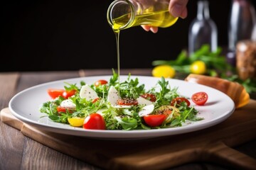 Poster - of the final touch, a hand drizzling olive oil on salad