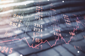 Aufkleber - Multi exposure of stats data illustration on blurry abstract metal background, computing and analytics concept