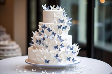 Poster - a tiered white wedding cake with butterfly sugar decors