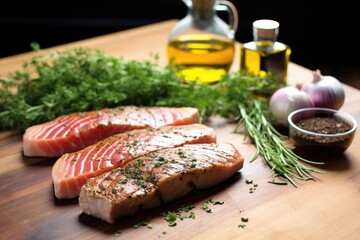 Sticker - seared tuna steak next to a pile of fresh herbs