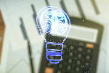 Poster - Double exposure of abstract virtual creative light bulb hologram with human brain on blurry calculator background, idea and brainstorming concept
