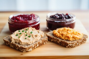 Poster - two pieces of sprouted grain bread with variety of spreads