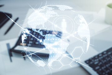 Poster - Virtual social network hologram and world map on calculator and laptop background. Multiexposure