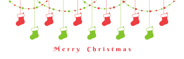 Wall Mural - Merry Christmas Border Banner, Hanging Santa Stockings Garland. Winter Holiday Season Header Decoration. Web Banner Template. Vector illustration.