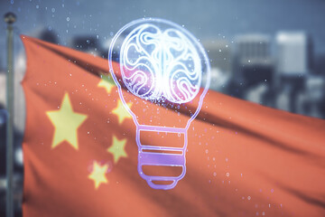 Aufkleber - Abstract virtual idea concept with light bulb and human brain illustration on Chinese flag and city background. Neural networks and machine learning concept. Multiexposure