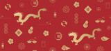 Fototapeta Pokój dzieciecy - Chinese New Year themed seamless pattern with golden dragons and festive elements on red background. 2024 Chinese New Year, the Year of the Dragon. (Chinese Translation: Spring and Blessing)