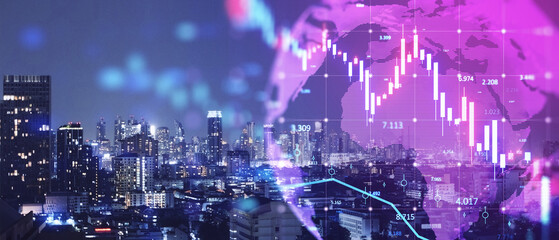 Poster - Creative glowing downward candlestick forex chart on blurry wide night city buildings and map background. Crisis, financial loss and real estate market crash concept. Double exposure.
