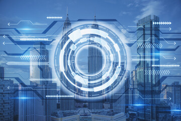 Poster - Creative round blue hi-tech pattern on blurry city backdrop. Double exposure.