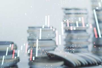 Poster - Multi exposure of abstract virtual financial graph hologram on stacks of coins background, forex and investment concept