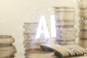 Poster - Abstract virtual artificial Intelligence symbol hologram on stacks of coins background. Multiexposure