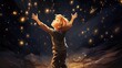 Cartoon little boy reaching for the stars, AI generated Image