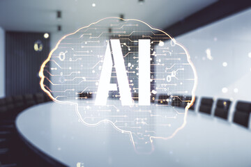 Aufkleber - Virtual creative artificial Intelligence hologram with human brain sketch on a modern conference room background. Multiexposure