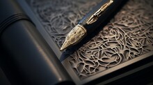 A Close-up Of An Intricately Designed Fountain Pen, Its Nib Touching The First Line Of A Blank Page Within A Leather-bound Journal On A Pure White Surface.