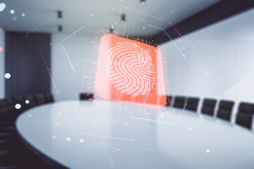 Aufkleber - Multi exposure of virtual fingerprint scan interface on a modern furnished office interior background, digital access concept