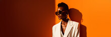 Portrait Of A Cool And Modern Black Woman With Sunglasses In Front Of A Orange Wall Background With Copy Space