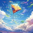 illustration of Colorful kite flying in the blue sky through, Generative ai
