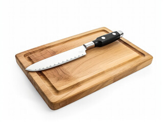Kitchen wooden board with knife on white background
