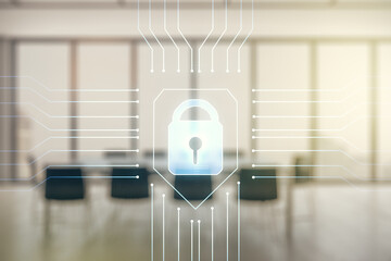 Poster - Double exposure of virtual creative lock hologram with chip on a modern meeting room background. Information security concept