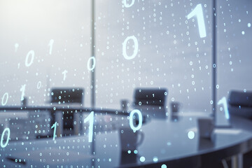 Aufkleber - Double exposure of abstract virtual binary code hologram on a modern meeting room background. Database and programming concept