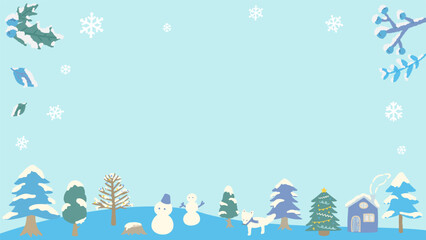 Wall Mural - Christmas winter landscape with snow, background frame, hand drawn cute illustration / クリスマスツリーのある冬の風景、背景フレーム、手描きのかわいいイラスト