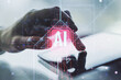 Creative artificial Intelligence symbol concept with finger presses on a digital tablet on background. Double exposure