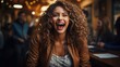 Close up portrait of happy beautiful woman at bar  background. AI Generative
