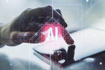 Poster - Creative artificial Intelligence symbol concept with finger presses on a digital tablet on background. Double exposure