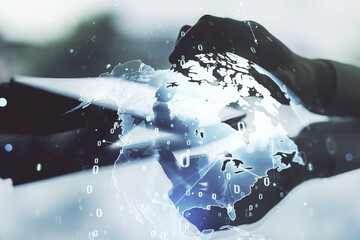 Poster - Double exposure of abstract programming language hologram with world map and finger clicks on a digital tablet on background, research and development concept