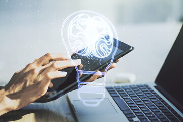 Poster - Creative idea concept with light bulb and human brain illustration and with finger clicks on a digital tablet on background. Neural networks and machine learning concept. Multiexposure