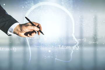 Aufkleber - Man hand with pen working with abstract virtual artificial Intelligence concept with human head sketch on blurred office background. Double exposure