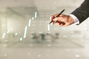 Aufkleber - Multi exposure of male hand with pen working with abstract virtual graphic data spreadsheet sketch on blurred office background, analytics and analysis concept