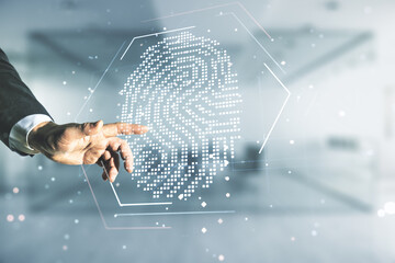 Aufkleber - Man hand working with abstract virtual fingerprint hologram on blurred office background. Multiexposure