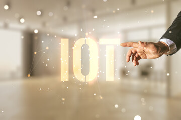 Poster - Double exposure of male hand presses on abstract virtual IOT hologram on blurred office background, research and development concept