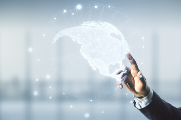 Poster - Double exposure of man hand presses on digital map of North America on blurred office background, research and strategy concept