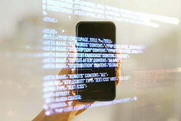 Poster - Multi exposure of abstract software development hologram and hand with cell phone on background, research and analytics concept