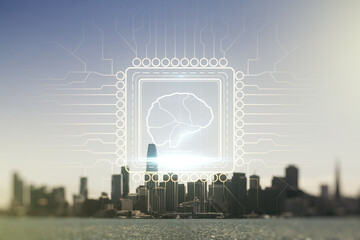 Poster - Double exposure of creative artificial Intelligence interface on San Francisco city skyscrapers background. Neural networks and machine learning concept