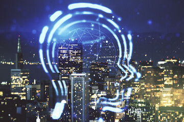 Poster - Abstract virtual artificial Intelligence interface with human head hologram on San Francisco skyline background. Multiexposure