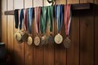 swimming medals hanging from a wooden coat rack