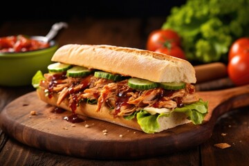 Canvas Print - a barbecue sandwich on a baguette with lettuce and tomato