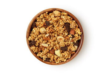 Wall Mural - Homemade granola in wooden bowl on white background