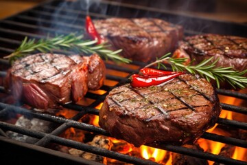 sizzling steaks on a hot bbq grill