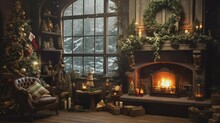 Fireplace With Christmas Decorations Background, Looping Video Animation