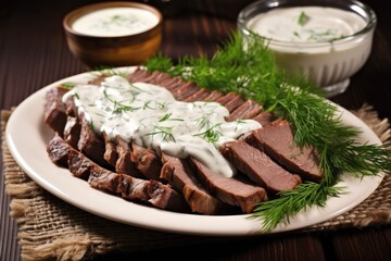 Sticker - slices of brisket served with cream sauce and herbs