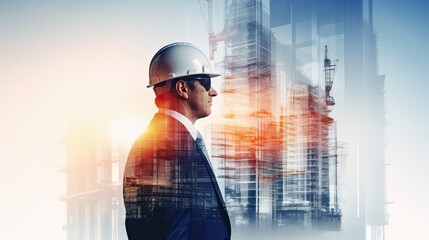 Wall Mural - Double exposure of Engineer with safety helmet on construction site background. Engineering and architecture concept