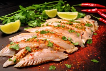 Wall Mural - close up of lime marinated fish fillet with spices