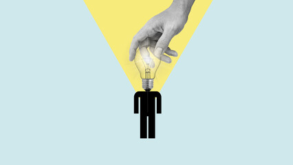 Poster - Art collage with a person with a head in the form of a lamp who is held by hand and creates new idea. Concept of startup, solving problems, mentoring  and creativity