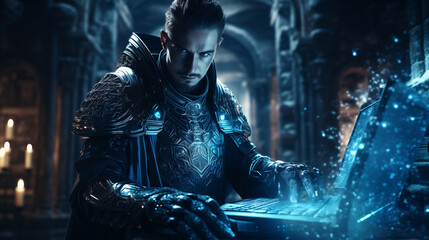 medieval knight in armor with a sword and shield in  comes out of the virtual screen. creative cyber security concept 