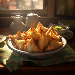 illustration of samosas on a platter sharp focused soft light hyper, Generative ai